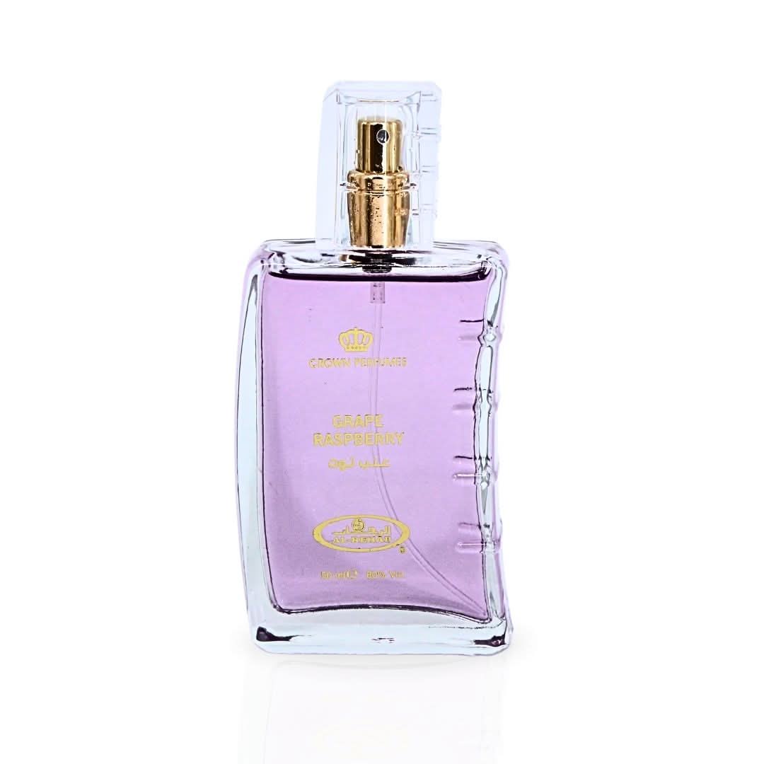 Al Rehab Grape Raspberry Eau de Parfum Spray 50ml with velvet pouch, featuring a sleek fragrance bottle and colorful label.