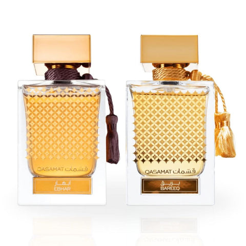 Bundle of Rasasi Qasamat Ebhar and Bareeq Eau de Parfum sprays, 65ml each, featuring elegant bottles with intricate designs.