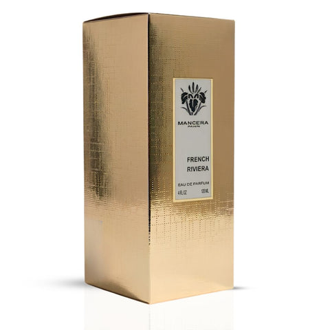 Mancera French Riviera Eau de Parfum spray bottle, 120ml, with elegant packaging and fragrance details visible.