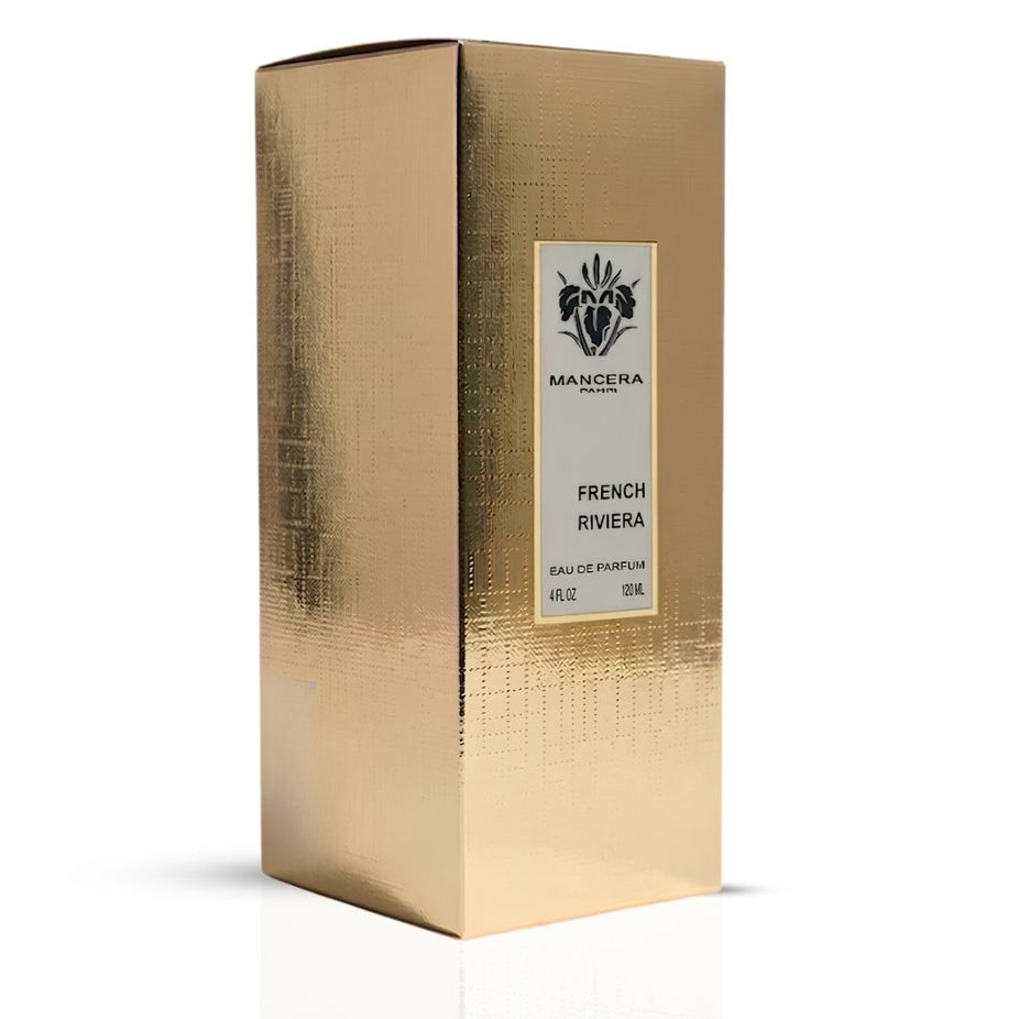 Mancera French Riviera Eau de Parfum spray bottle, 120ml, with elegant perfume design and label visible.