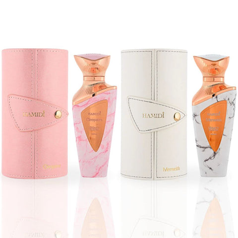 Hamidi Legacy Cleopatra and Merneith Eau de Parfum spray bundle with two 100ml bottles, showcasing elegant perfume bottles.