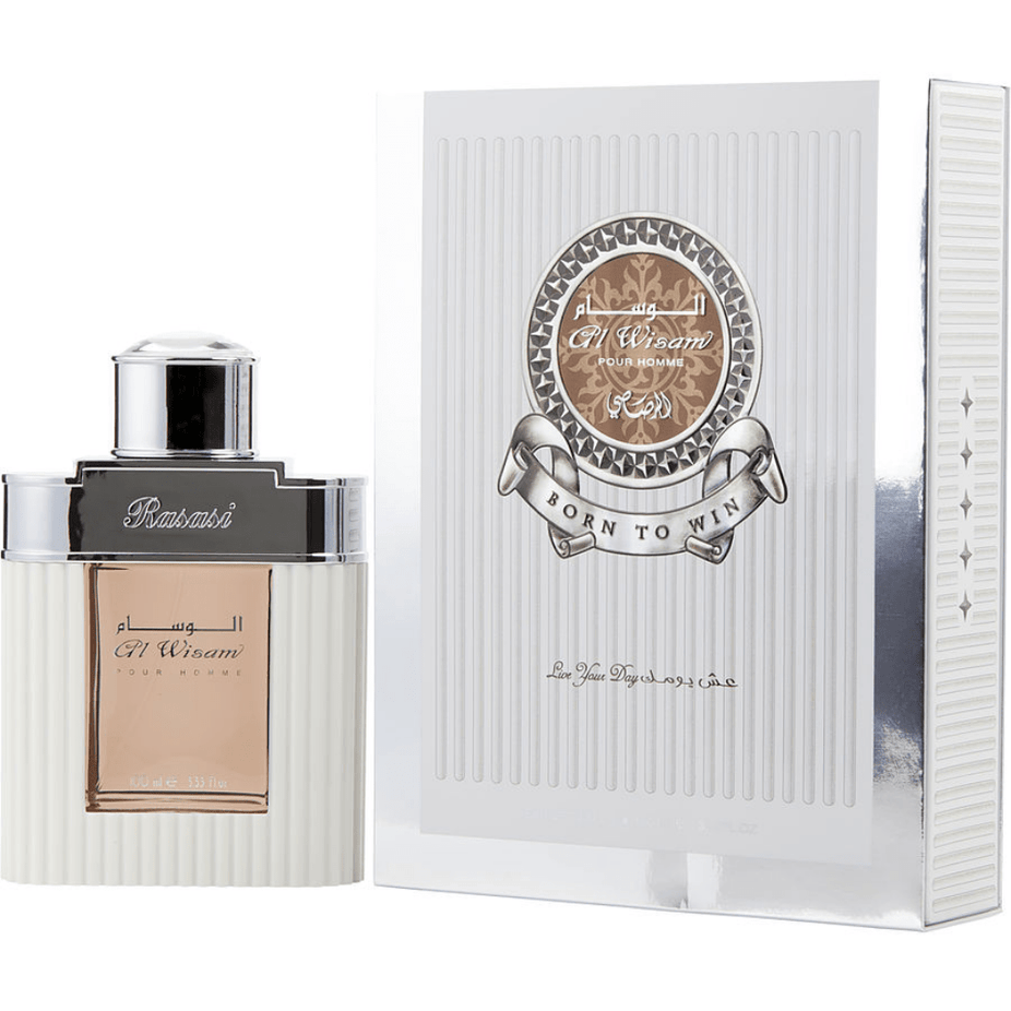 Bundle of Rasasi Al Wisam EDP for Men, 100ml, suitable for day and evening wear, featuring a sleek glass bottle design.