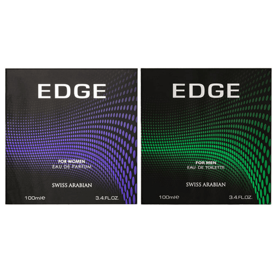 Swiss Arabian Edge Couple Set with two 100ml perfume bottles for men and women, featuring sleek packaging and elegant design.