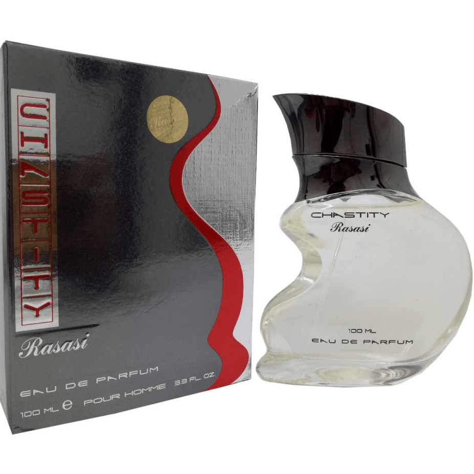 Rasasi Chastity for Men Eau De Parfum 100ml bottle, elegant packaging and fragrance display in the image.