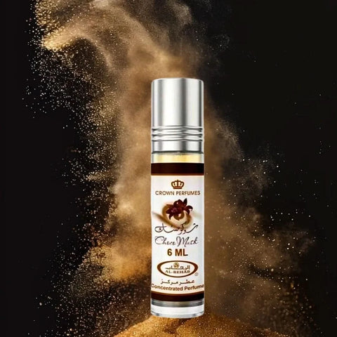 Al Rehab Choco Musk perfume oil bundle with Marshmallow and Pistachio scents, 6ml each, featuring elegant packaging and branding.