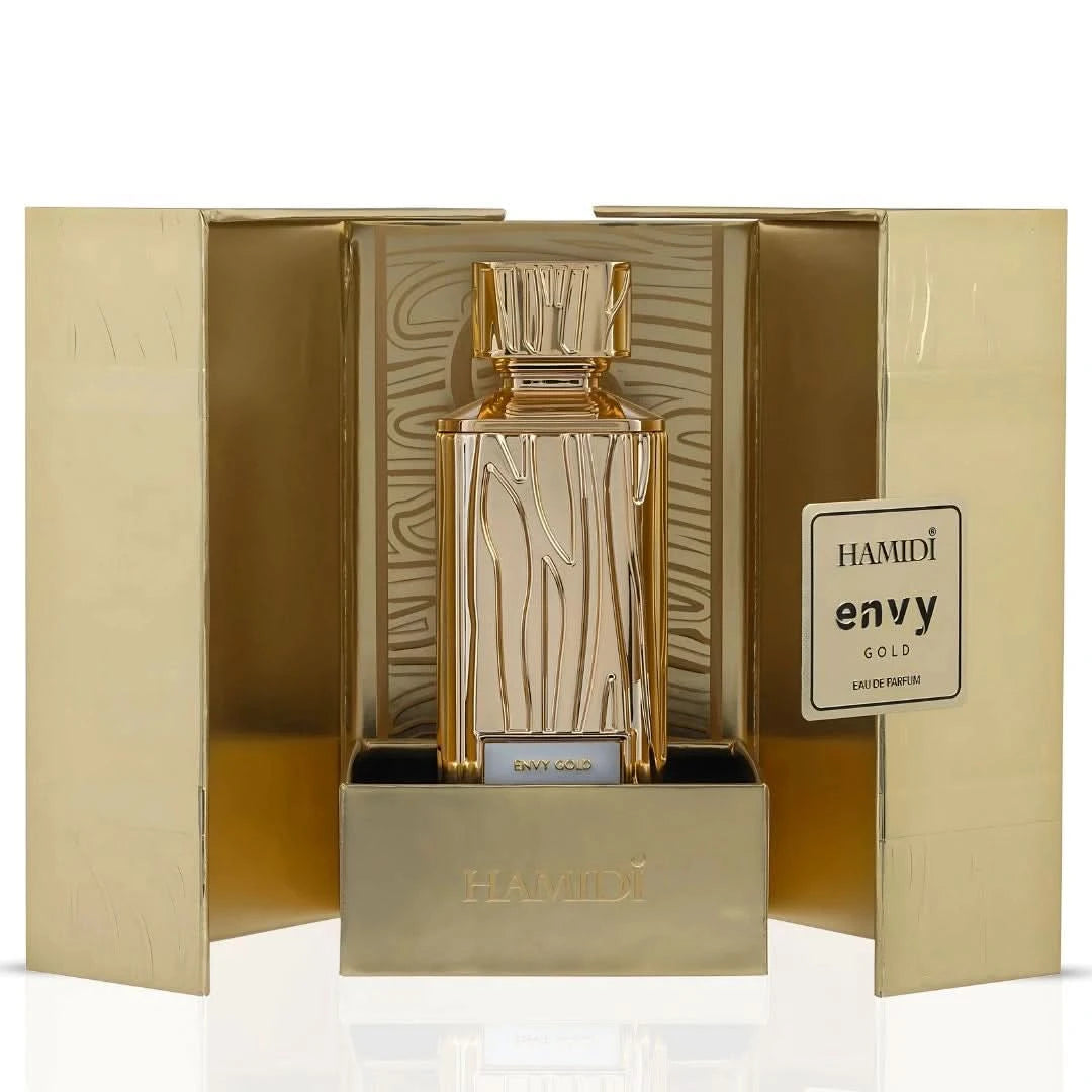 Hamidi Envy Gold Eau de Parfum spray bottle, 100ml, featuring elegant gold packaging and a luxurious fragrance design.