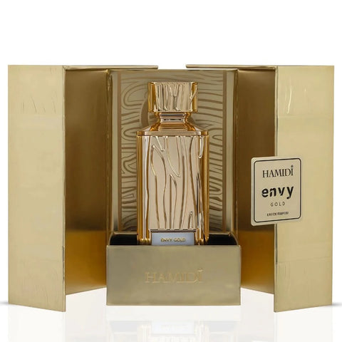 Hamidi Envy Gold Eau de Parfum spray bottle, 100ml, featuring elegant gold packaging and a luxurious fragrance design.