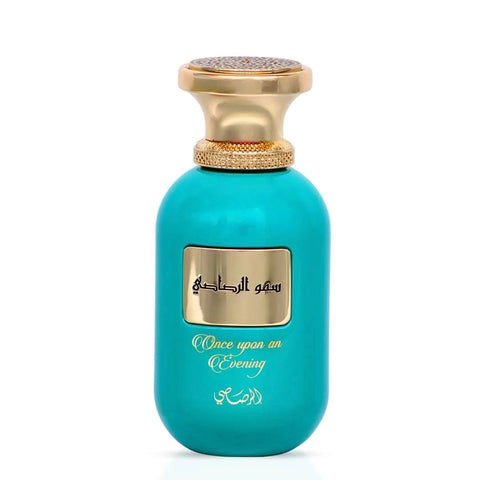 Rasasi Somow Al Rasasi Once Upon an Evening Eau de Parfum spray bottle, 100ml, with elegant packaging and fragrance details.