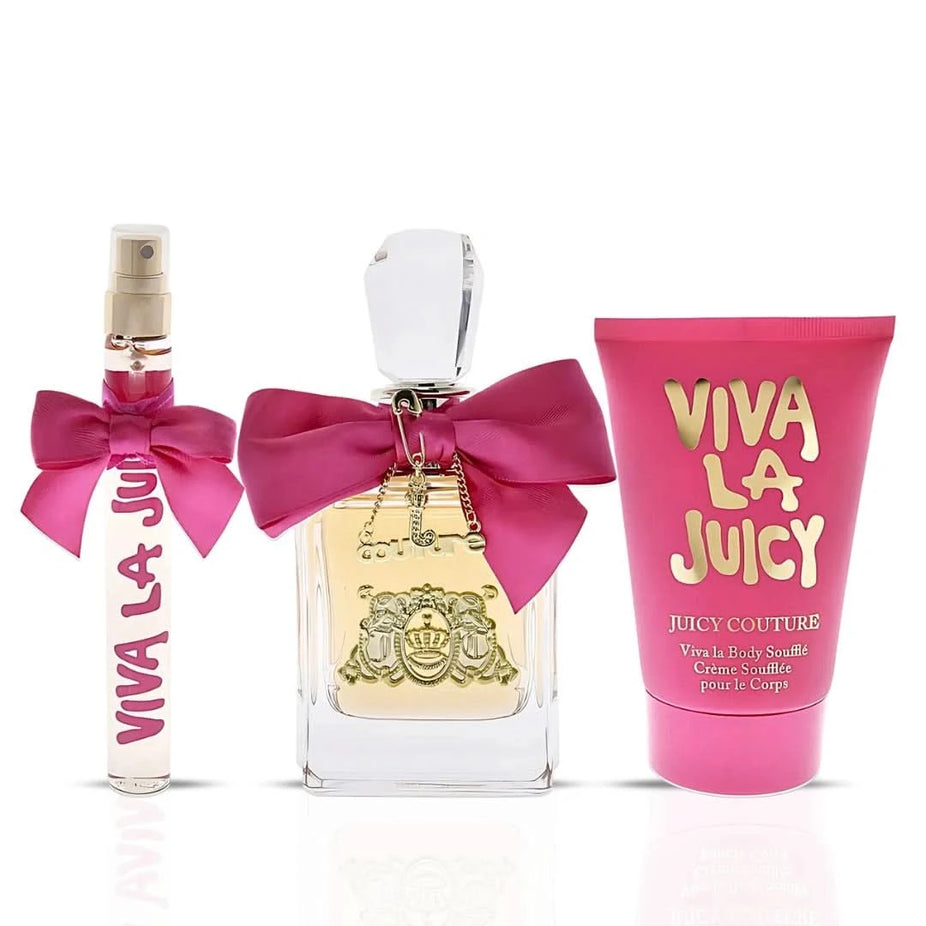 Viva La Juicy gift set with 1.7 oz Eau de Parfum, 4.2 oz body souffle, and 0.33 oz Eau de Parfum by Juicy Couture
