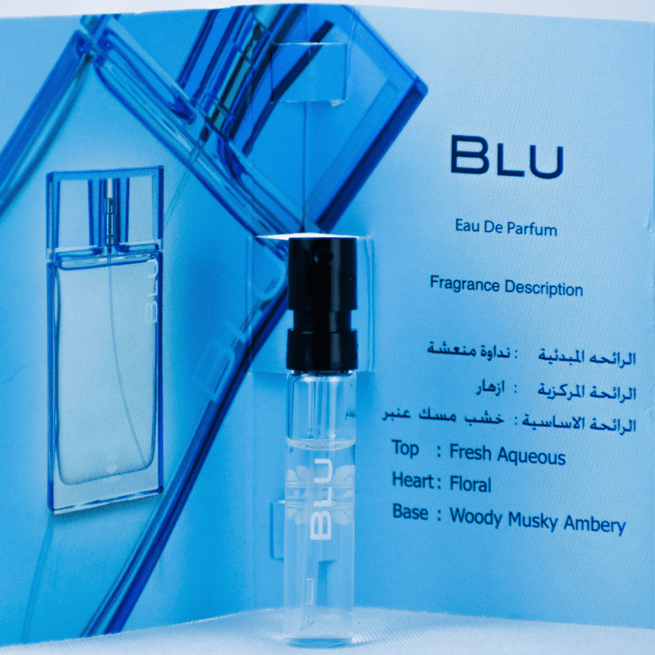 Ajmal Blu EDP sample for men, 1ml perfume vial, featuring a sleek transparent container with a silver cap.