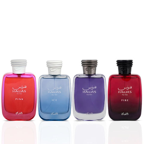 Rasasi Hawas Men Eau de Parfum bundle with Ice, Fire, and Pink scents, 100ml bottles, displayed in a sleek bundle arrangement