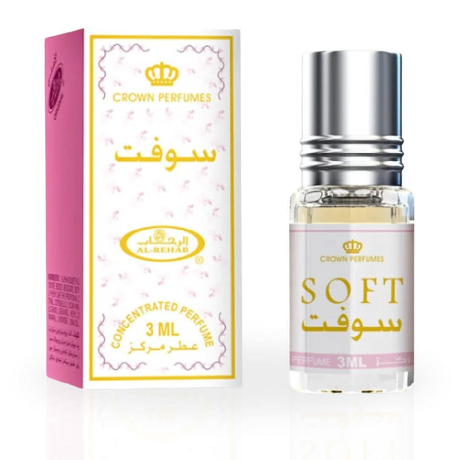 Three 3ml bottles of Al Rehab soft perfume oil in a value pack, featuring small, clear bottles with gold caps and colorful labels.