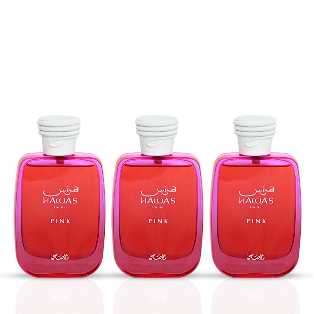 Hawas Pink for Her Eau de Parfum Spray 100ml (3.4 oz) by Rasasi (Pack of 3) - Intense Oud