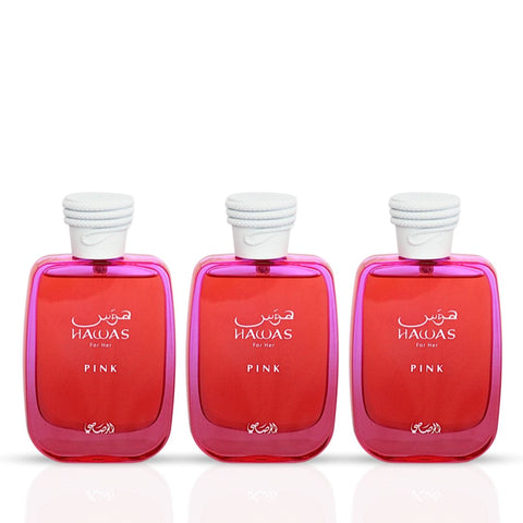 Hawas Pink for Her Eau de Parfum Spray 100ml (3.4 oz) by Rasasi (Pack of 3) - Intense Oud