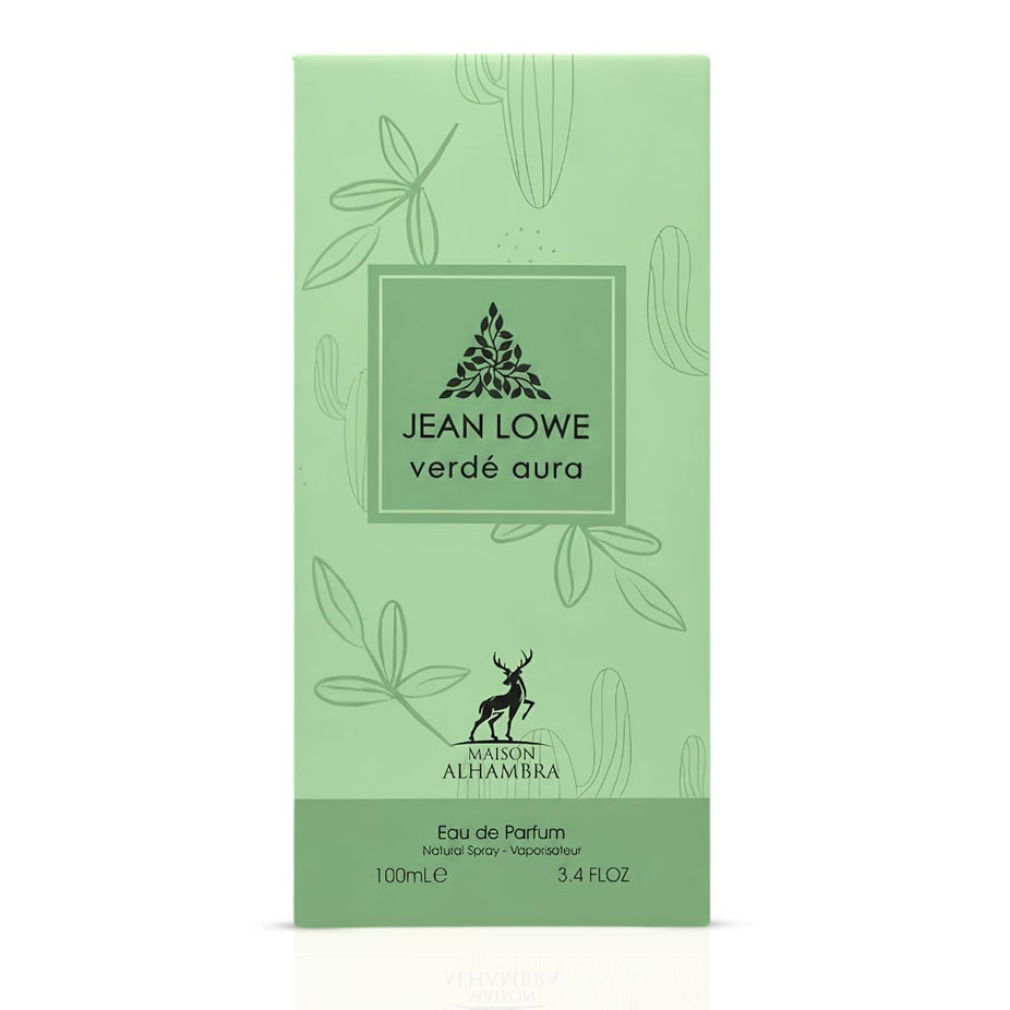 Maison Alhambra Jean Lowe Verde Aura Eau de Parfum spray 100ml bottle with green and gold design on the packaging