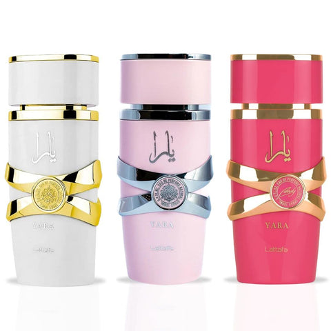 Bundle of Lattafa Yara Candy and Yara Moi Eau de Parfum sprays, 100ml each, featuring sleek bottles with elegant perfume packaging.