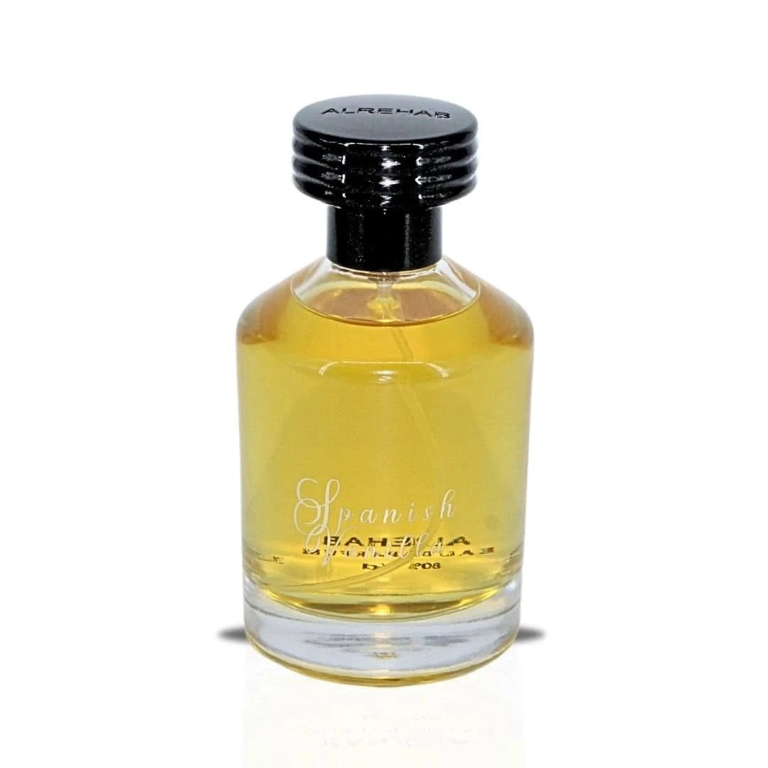 Al Rehab Spanish Vanilla Eau de Parfum spray in a 100ml bottle, with a velvet pouch, showcasing the elegant fragrance packaging.