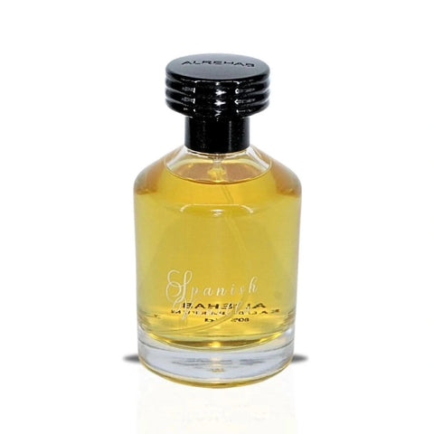 Al Rehab Spanish Vanilla Eau de Parfum spray in a 100ml bottle, with a velvet pouch, showcasing the elegant fragrance packaging.