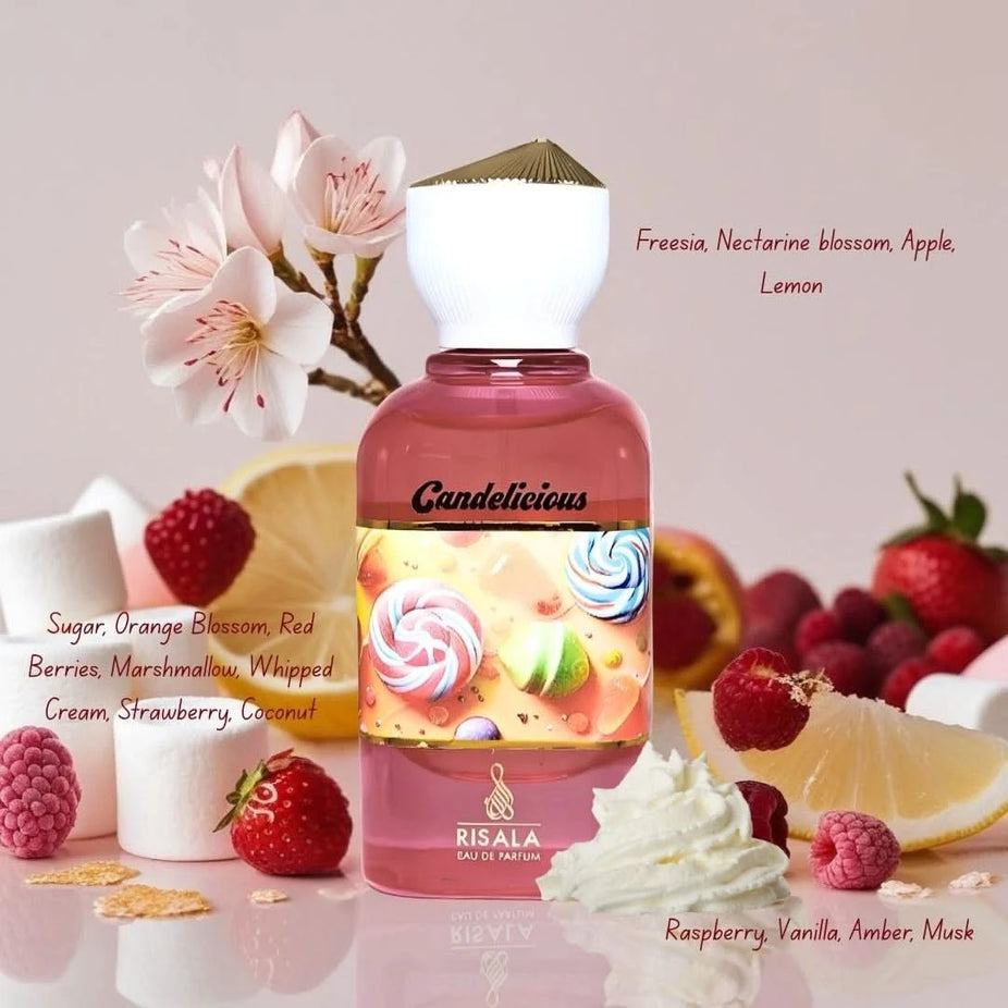 RISALA Candelicious Sana & Kefi Frappe Eau de Parfum sprays bundle, 100ml, featuring elegant perfume bottles with floral and fruity designs.