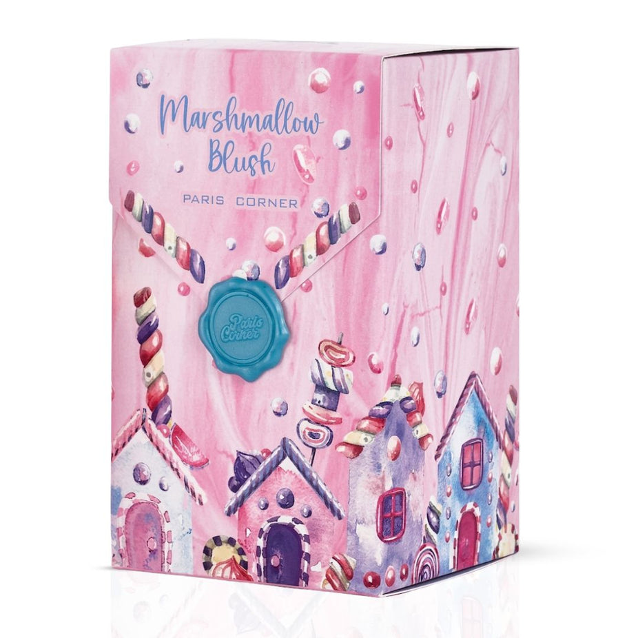 Paris Corner Marshmallow Blush Eau de Parfum spray bottle, 50ml, with elegant pink and white floral design.