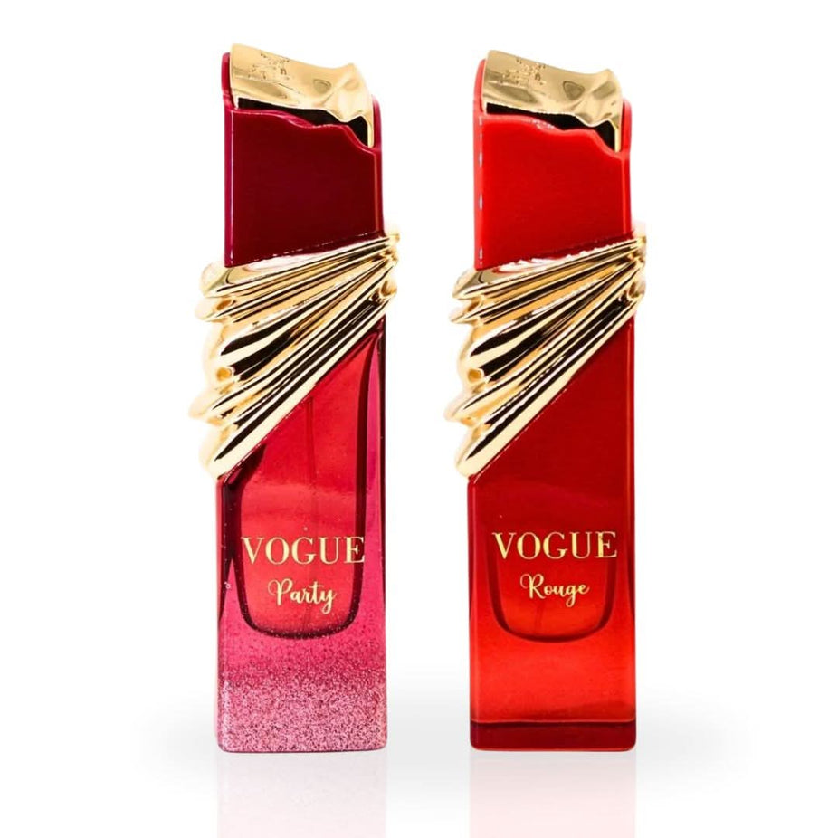 Maison Alhambra Vogue Party and Vogue Rouge Eau de Parfum spray bundle, 100ml bottles, elegant fragrance packaging.