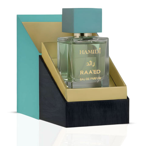 Hamidi Raeed Eau de Parfum Spray 100ml bottle, elegant packaging, showcasing the luxury fragrance for men.