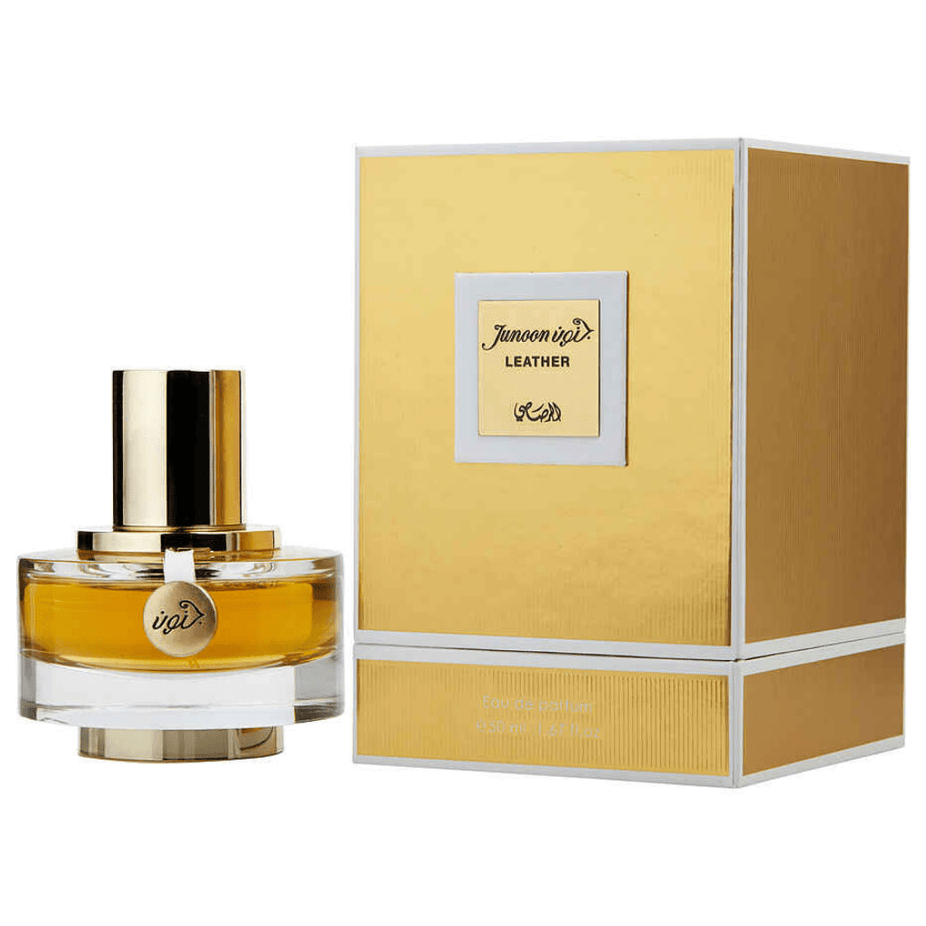 Rasasi Junoon Leather Women EDP 50ML bottle with elegant perfume packaging and a leather-inspired design.