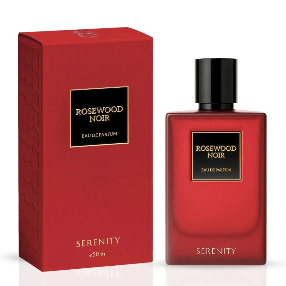 Serenity Rosewood Noir & Woods Chill Eau de Parfum bundle with two 50ml spray bottles, featuring elegant black and wood-themed packaging.