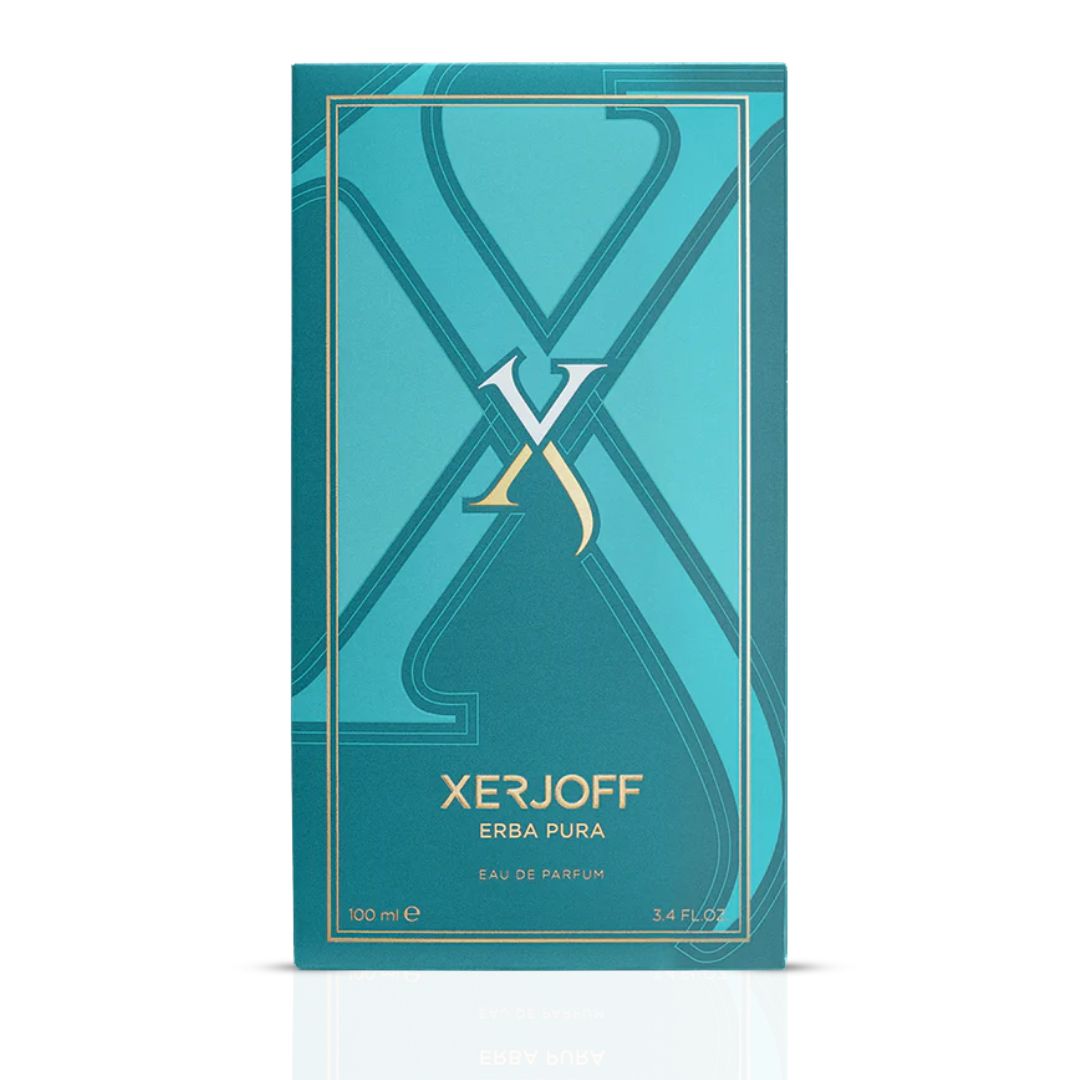 Xerjoff Erba Pura Eau de Parfum spray 100ml bottle with elegant packaging and fragrance details visible.