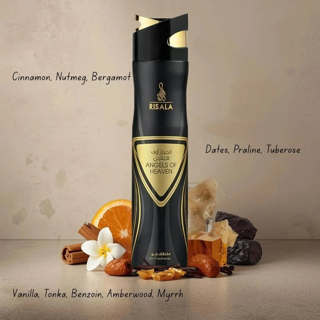 Angels of Heaven air freshener by RISALA in 300ml bottle, featuring floral and angelic design on a white background.