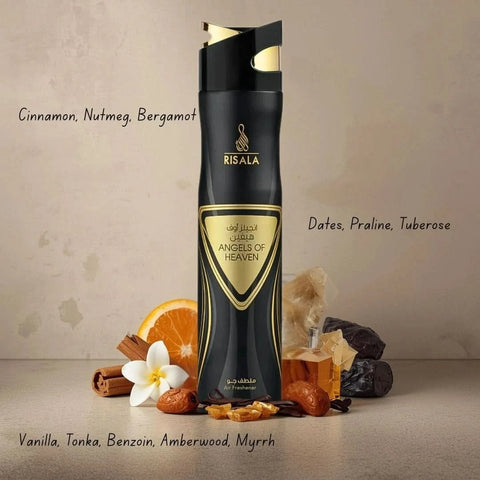 Angels of Heaven air freshener by RISALA in 300ml bottle, featuring floral and angelic design on a white background.