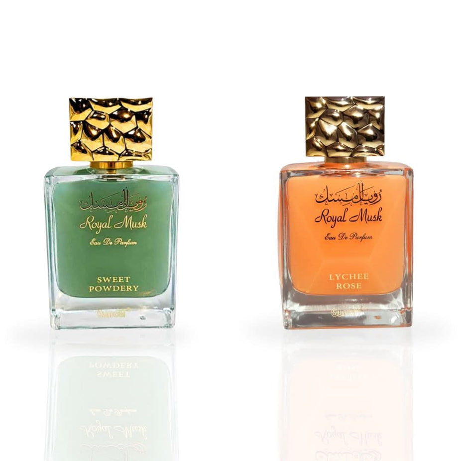 Surrati Royal Musk Sweet Powdery and Lychee Rose Eau De Parfum sprays in 100ML bottles, featuring floral and musky notes.