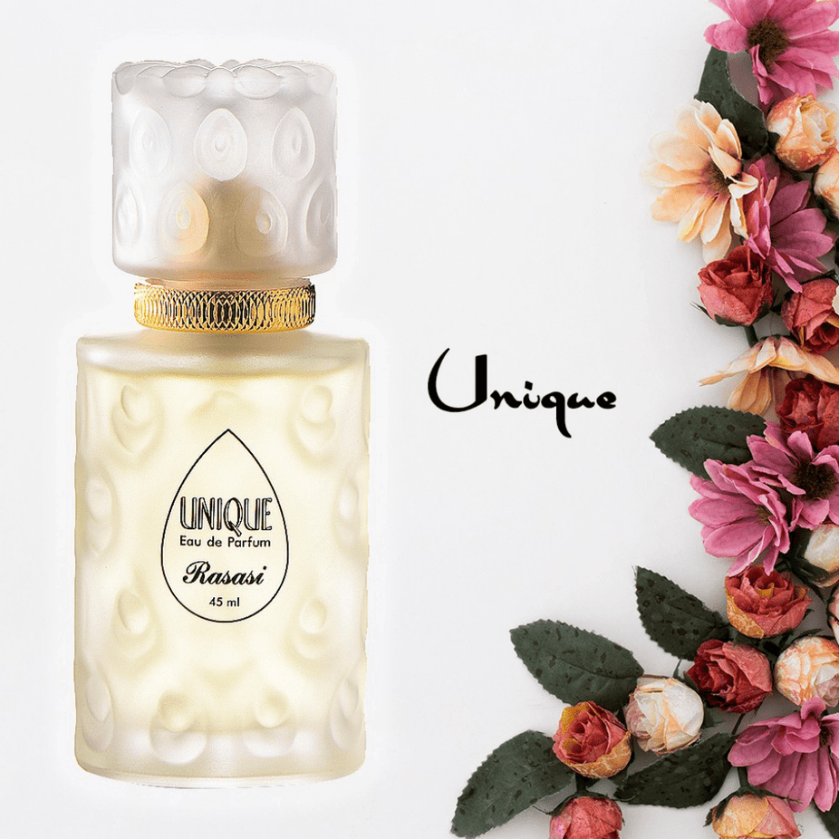 Rasasi Unique Eau De Parfum 45ML bottle with elegant design, showcasing the luxury fragrance packaging.