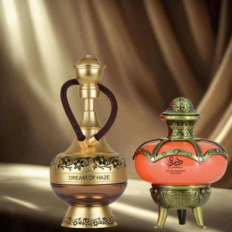 Lattafa Dream of Haze & Niche Emarati Durrah Eau De Parfum sprays in a bundle, 100ml each, with elegant bottles and labels.
