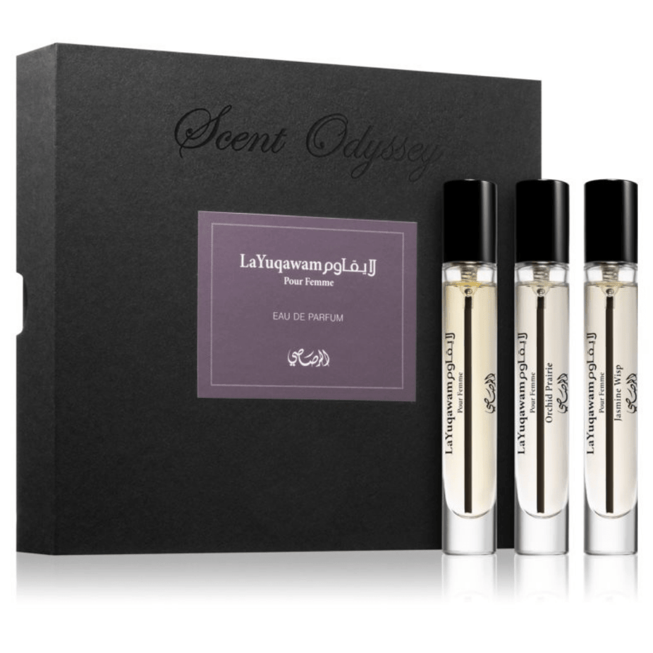Set of three Rasasi Scent Odyssey La Yuqawam pour Femme 7.5ML perfume bottles, with elegant packaging and floral fragrance details.