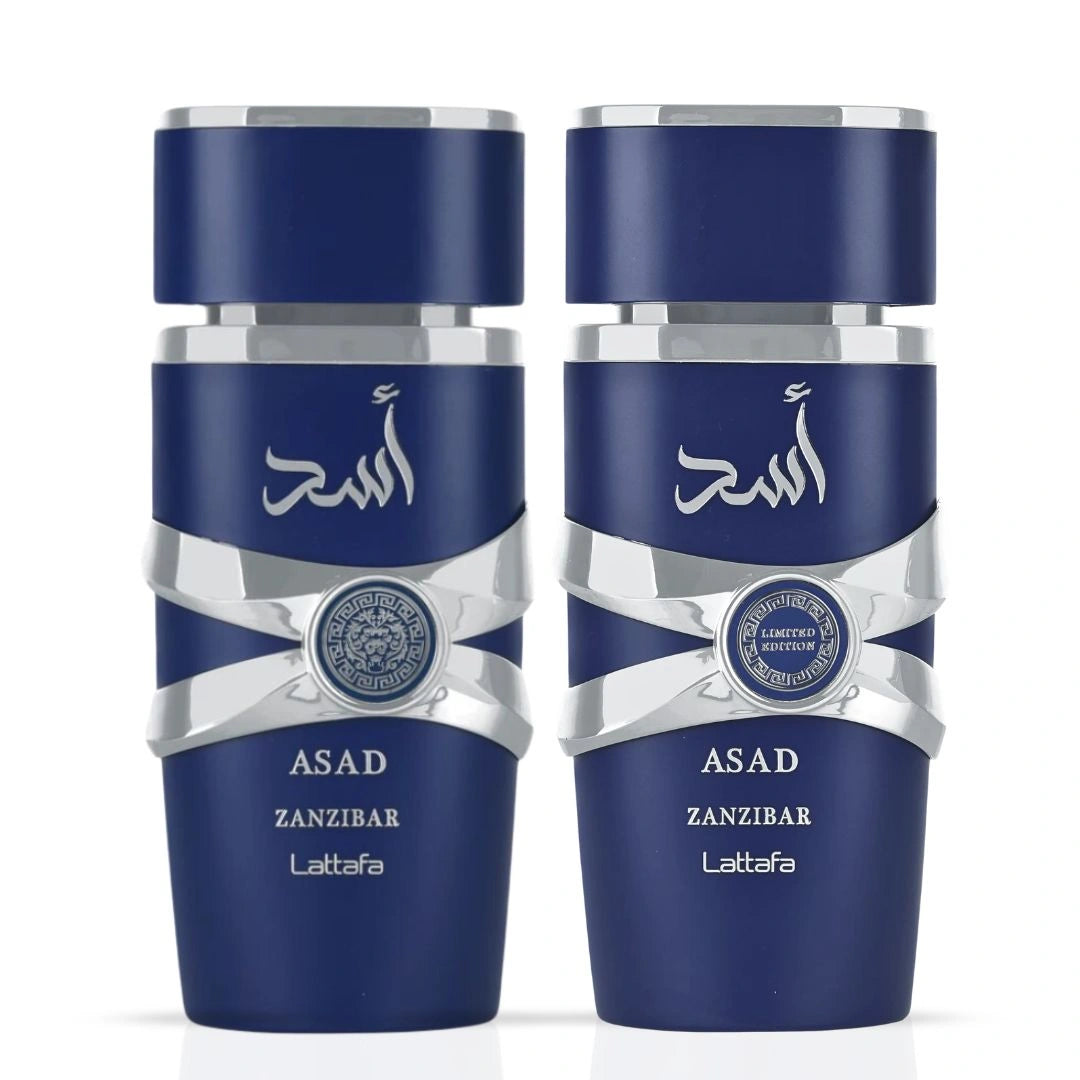 Asad Zanzibar & Asad Zanzibar Limited Edition Eau de Parfum Sprays 100ml (3.4oz) by Lattafa | The Spirit of Exotic Adventure (Bundle) - Intense Oud