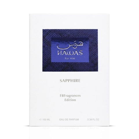 Hawas Sapphire For Him box, Rasasi 100ml eau de parfum, Arabian fragrance gift packaging, front view.