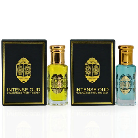 Bundle of two 12ml Intense Oud Crys Water perfume oils for men and women in black gift boxes.