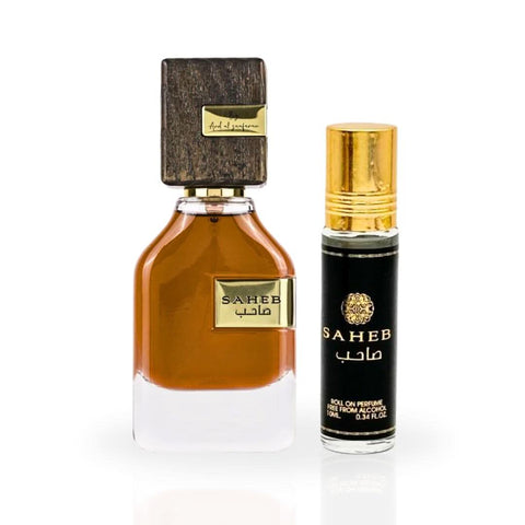 Ard Al Zaafaran Saheb Eau de Parfum spray and perfume roll-on bundle, featuring 70ml spray and 10ml roll-on bottles.