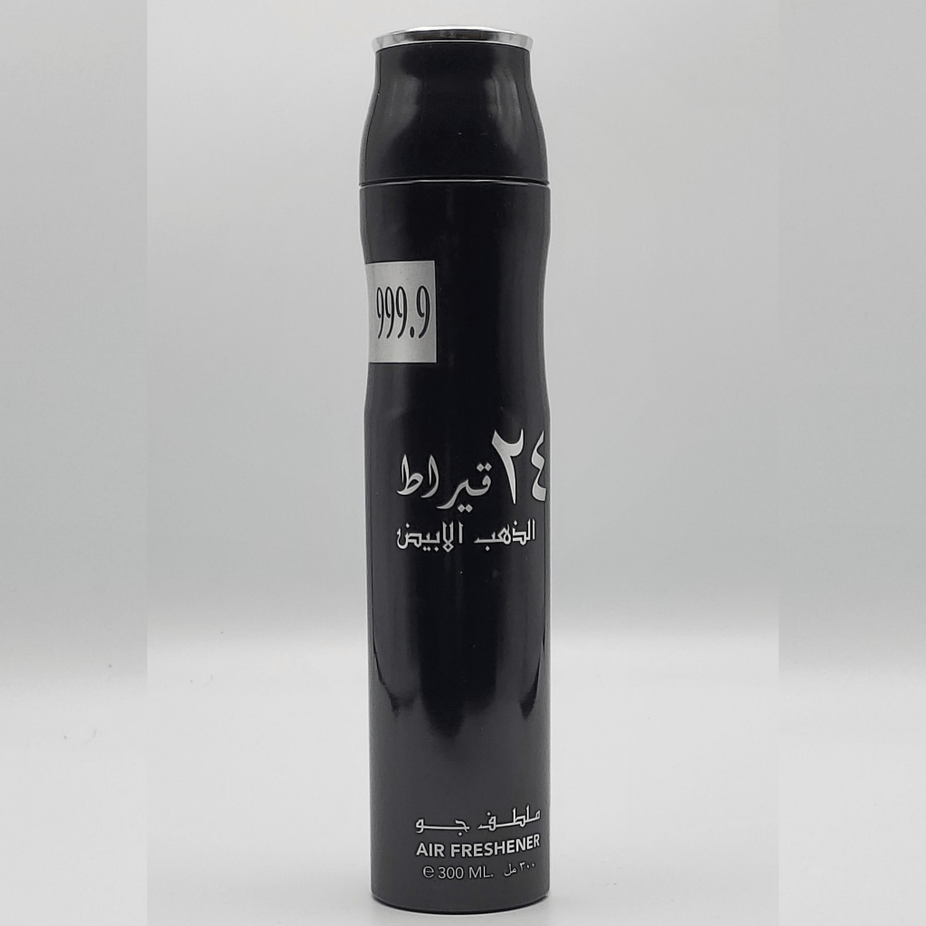 Lattafa 24 Carat White Gold Air Freshener 300ML bottle with elegant packaging and spray nozzle.