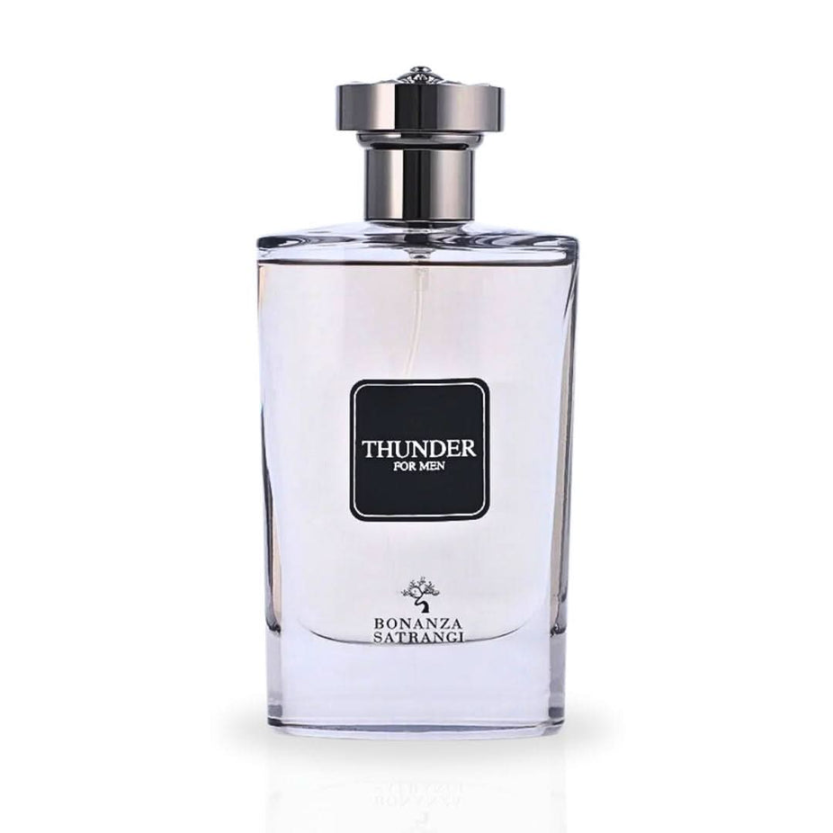 Bonanza Satrangi Thunder For Men EDP spray bottle, 100ML, with a sleek design, showcasing a luxurious and fresh fragrance.