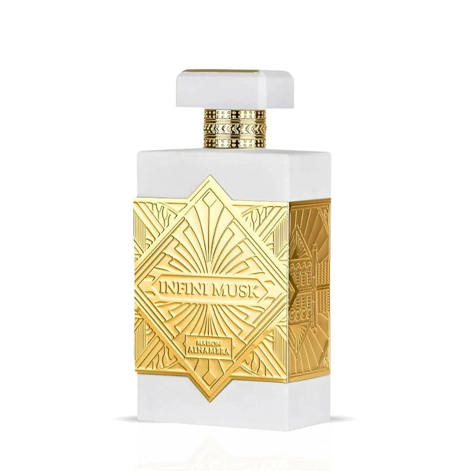 Maison Alhambra Infini Musk Eau de Parfum spray bottle, 100ml, with sleek design and elegant branding.