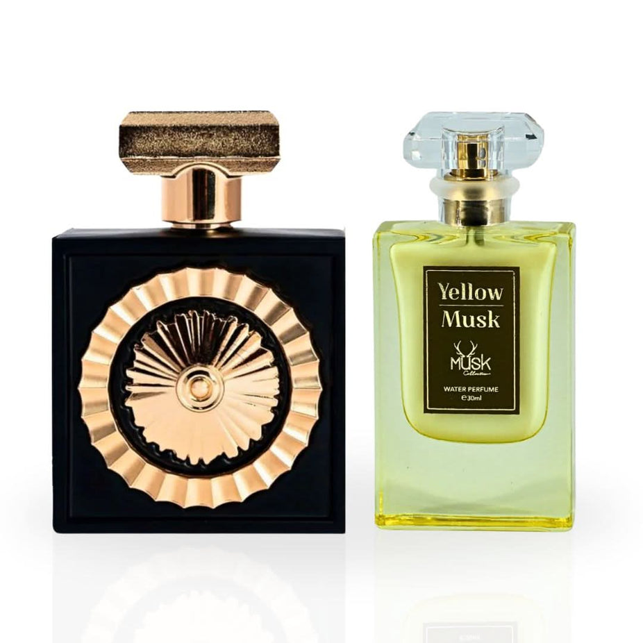 Intense Oud perfume bundle featuring Nebras Eau de Parfum spray and Yellow Musk water perfume bottles, stylish packaging.