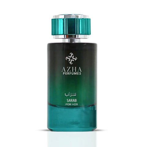 Sarab For Him Azha Eau de Parfum spray 100ml bottle with elegant black and gold packaging and sleek design.
