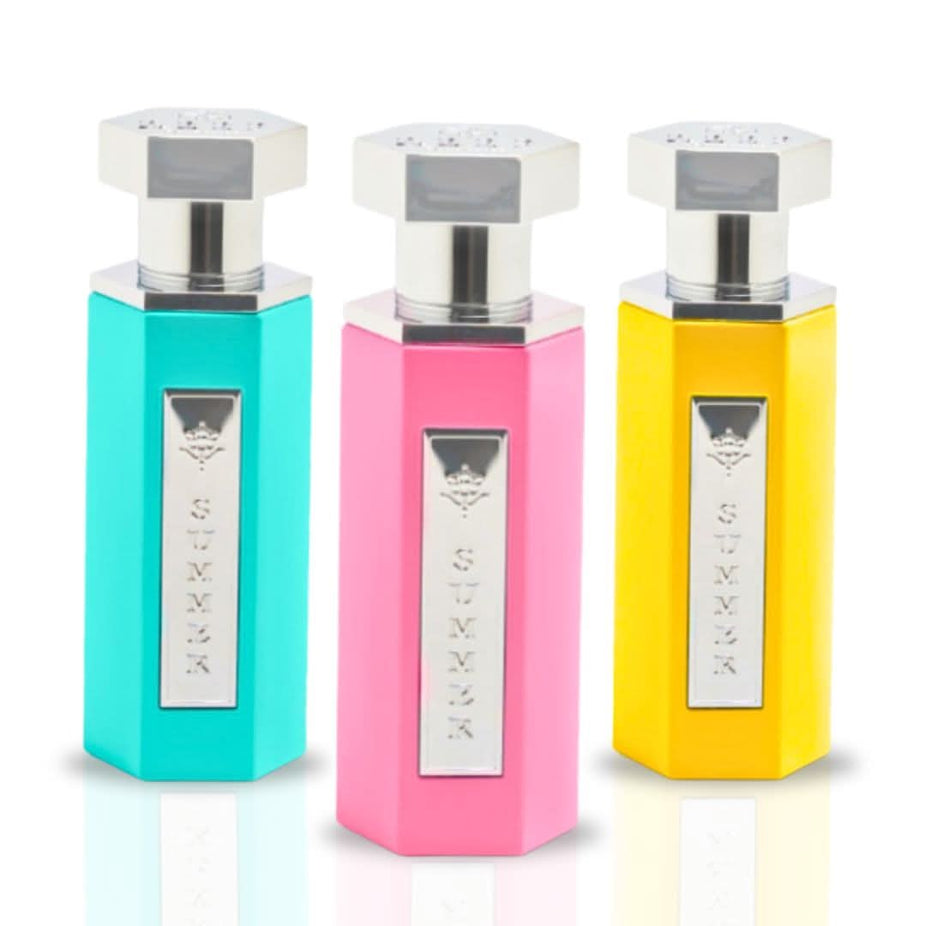Reef Perfumes 3-piece summer EDP spray set with pink, yellow, and clear bottles, featuring long-lasting, luxurious fragrances.