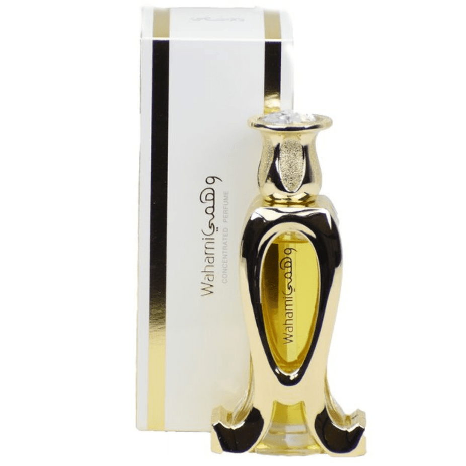 Rasasi Wahami Perfume Oil 20 ML, concentrated perfume oil in a glass bottle with a black cap, showcasing elegant packaging.