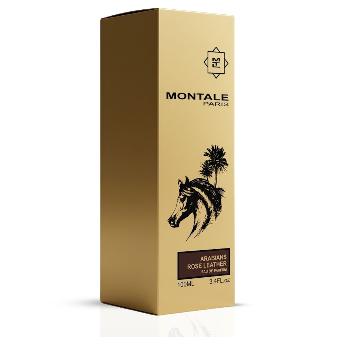Montale Arabians Rose Leather Eau de Parfum spray bottle, 100ml, with elegant packaging and floral-woody scent design.