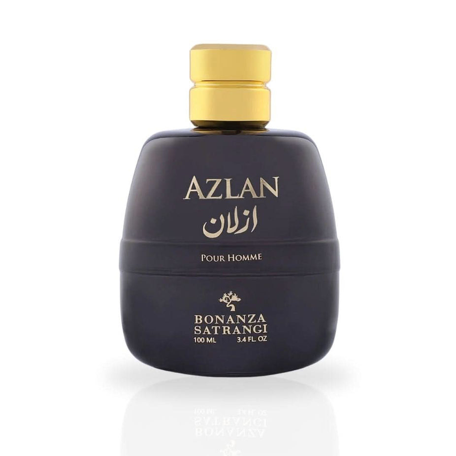 Azlan Pour Homme Eau De Parfum spray by Bonanza Satrangi in 100ml bottle, featuring sleek packaging and branding.