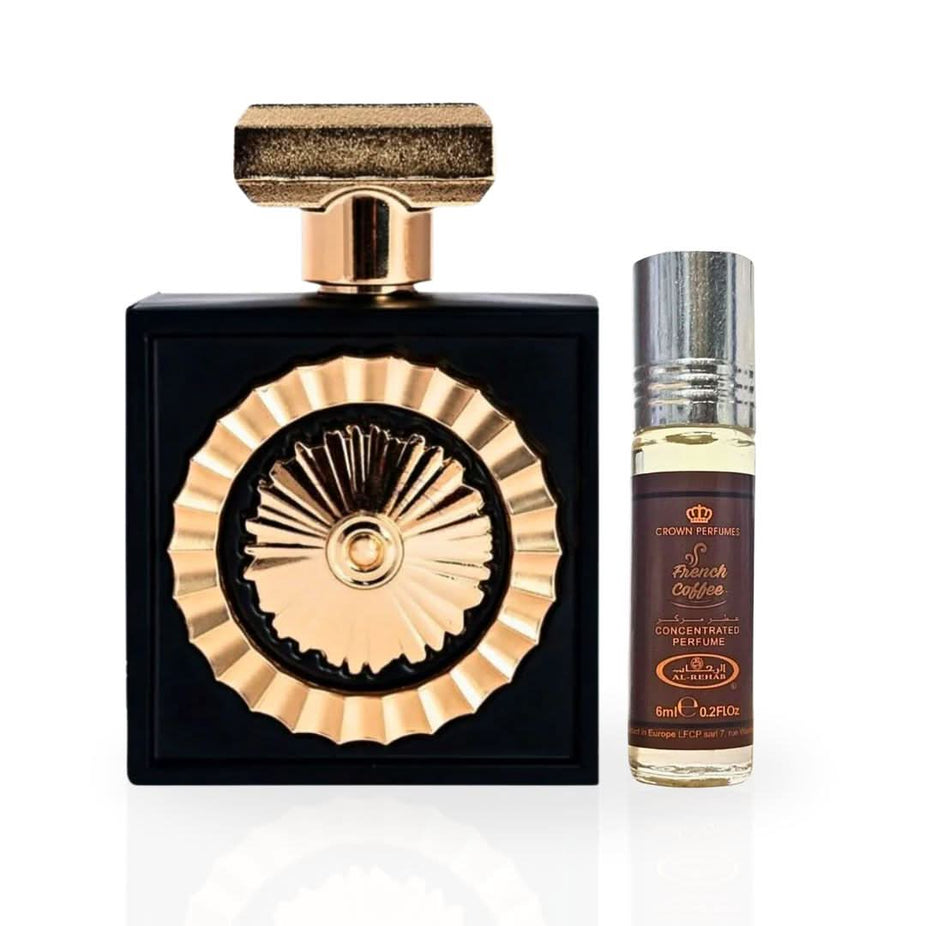 Intense Oud bundle with Nebras Eau de Parfum spray and French Coffee perfume oil, featuring elegant bottles and packaging.
