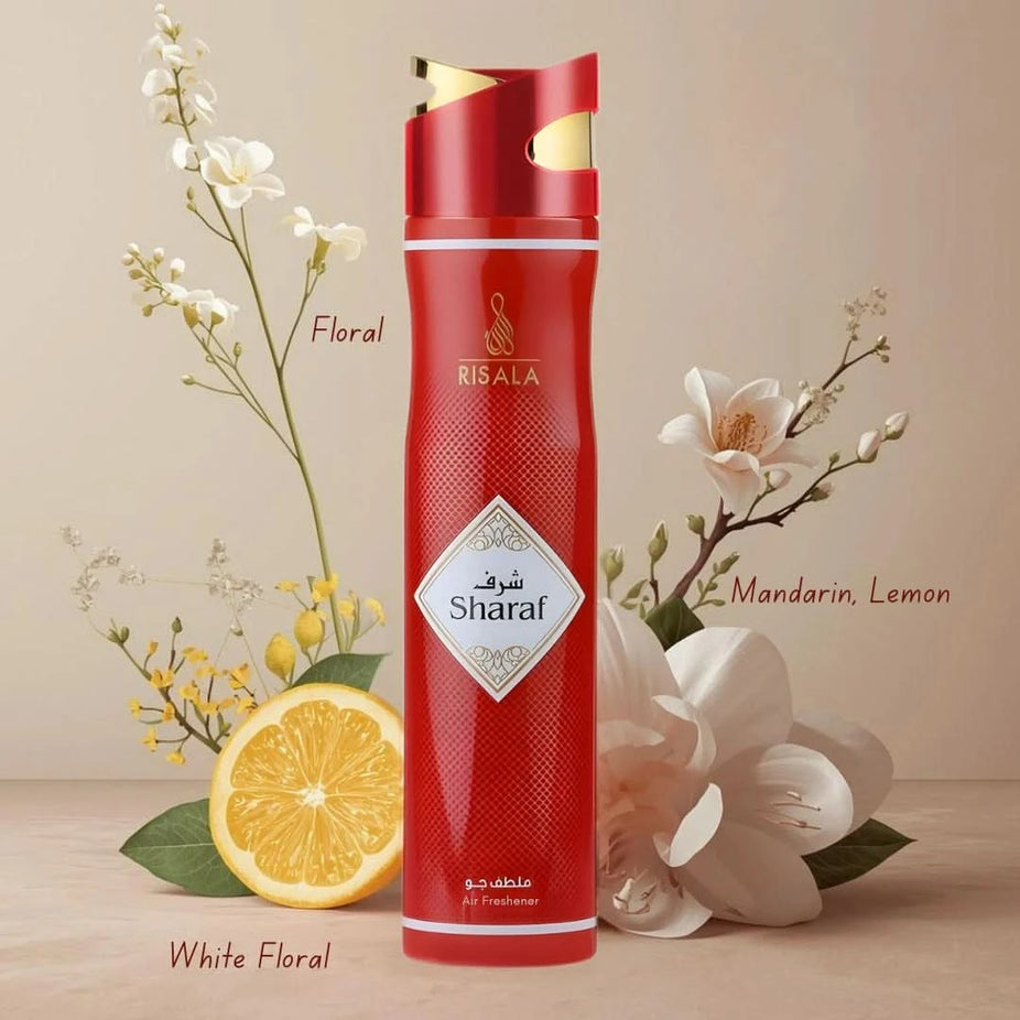 Risala Sharaf air freshener 300ml bottle with a sleek design, used to freshen indoor spaces with a pleasant scent.